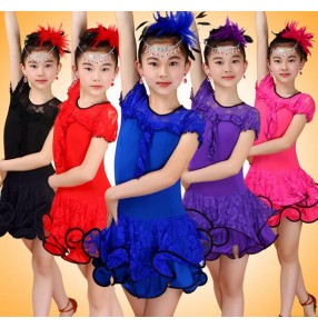 Purple violet royal blue fuchsia hot pink red black Lace short sleeves round neck girls kids children competition performance latin salsa dance dresses